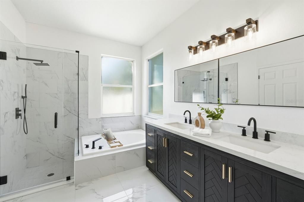 Bathroom, Dual Sink Vanities, Glass Shower, Interior, Marble, Marble Walls