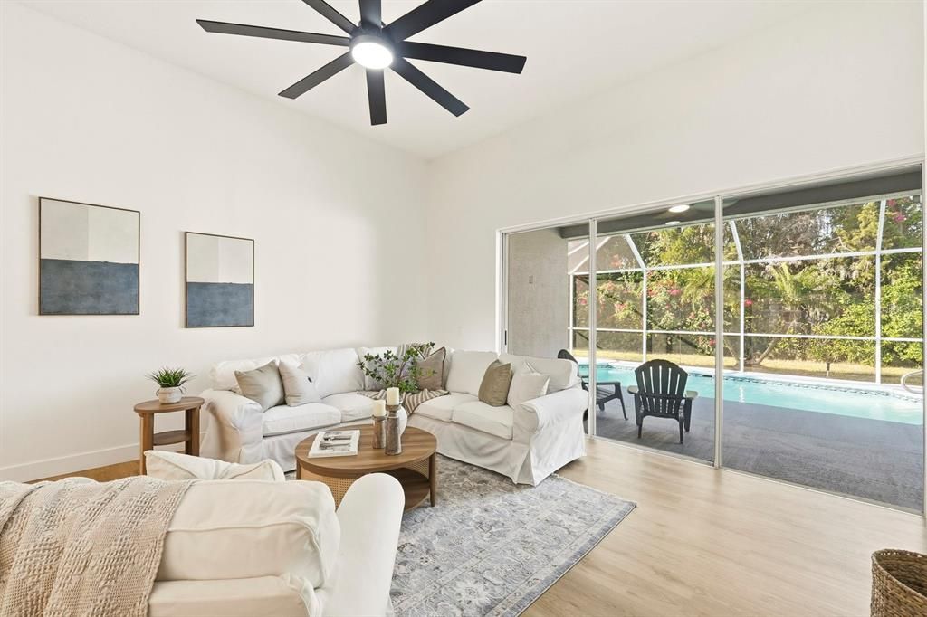 Interior, Living room, Pool, Sun Room, Wood Texture Flooring