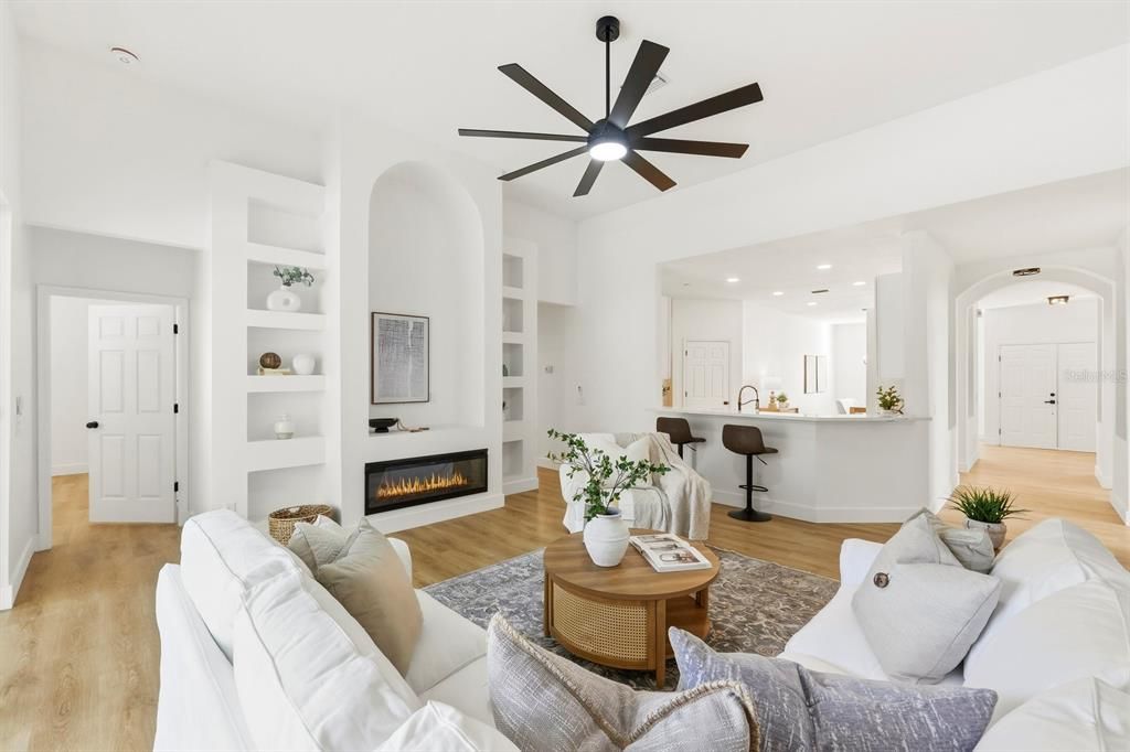 Fireplace, Interior, Kitchen, Living room, Recessed Lighting, Wood Texture Flooring