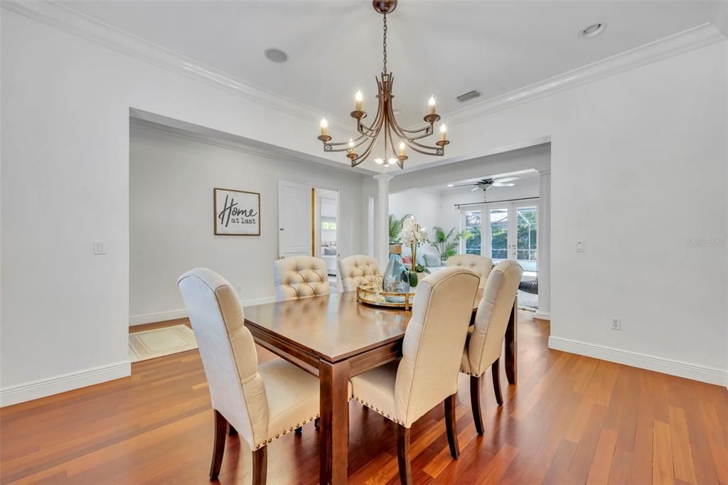 Chandelier, Dining room, Interior, Wood Texture Flooring