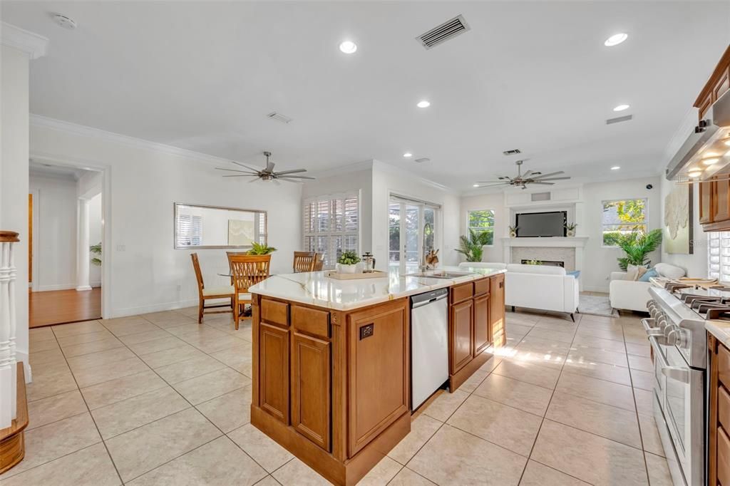 Dining room, Fireplace, Interior, Kitchen, Living room, Recessed Lighting, Stainless Steel Appliances