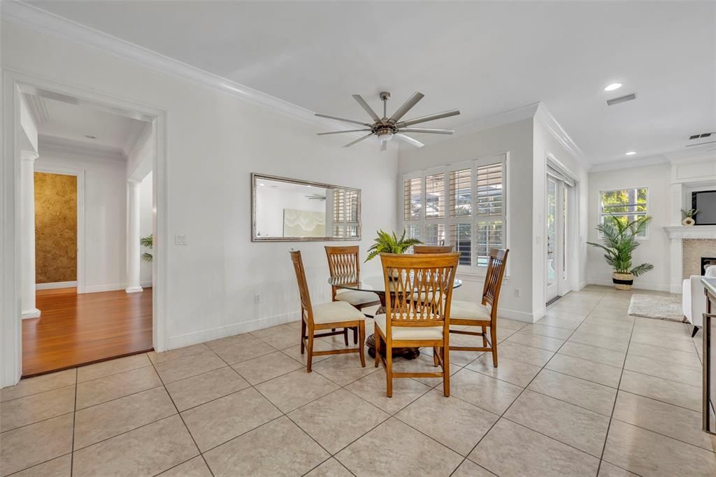 Dining room, Fireplace, Interior, Recessed Lighting, Wood Texture Flooring