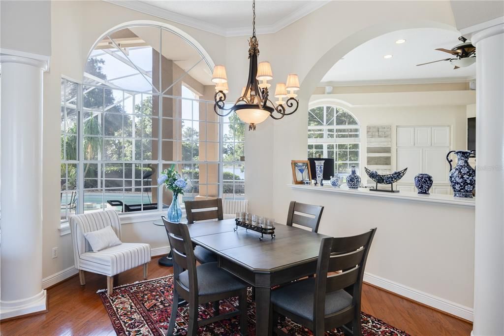 Chandelier, Dining room, Interior, Recessed Lighting, Wood Texture Flooring