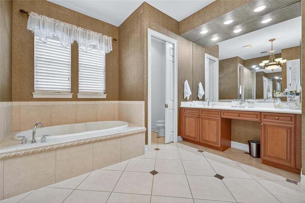 Bathroom, Chandelier, Dual Sink Vanities, Interior, Recessed Lighting