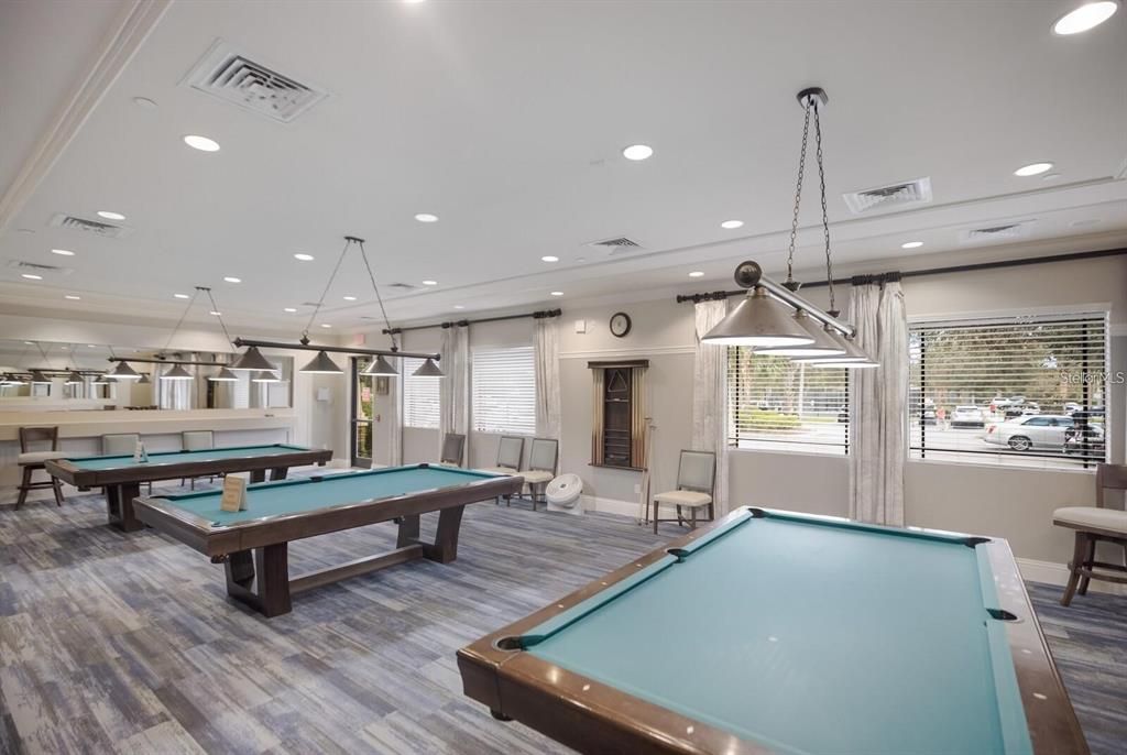 Billiard Table, Game Room, Interior, Pendant Lights, Recessed Lighting, Wood Texture Flooring