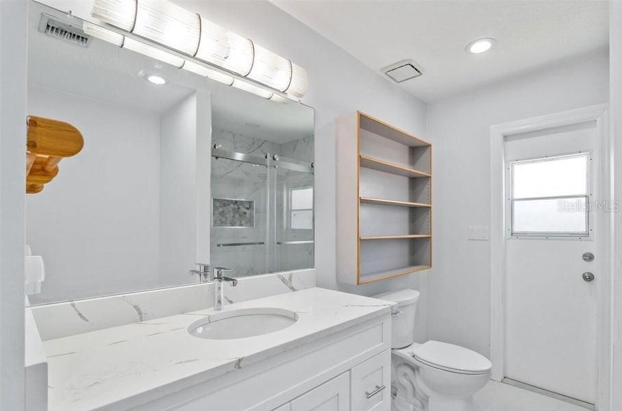 Bathroom, Glass Shower, Interior, Marble, Marble Walls, Recessed Lighting