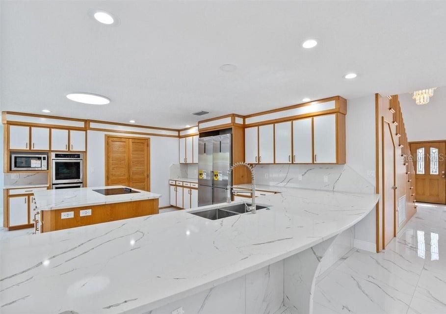 Interior, Kitchen, Marble, Recessed Lighting, Stainless Steel Appliances