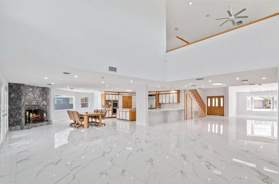 Dining room, Fireplace, Interior, Kitchen, Marble, Pendant Lights, Recessed Lighting