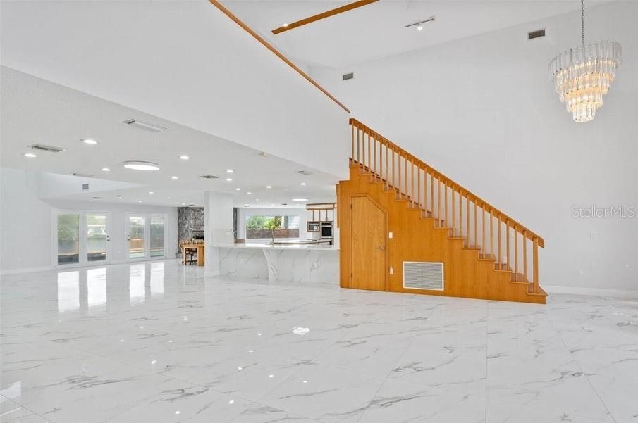 Chandelier, Interior, Kitchen, Marble, Recessed Lighting