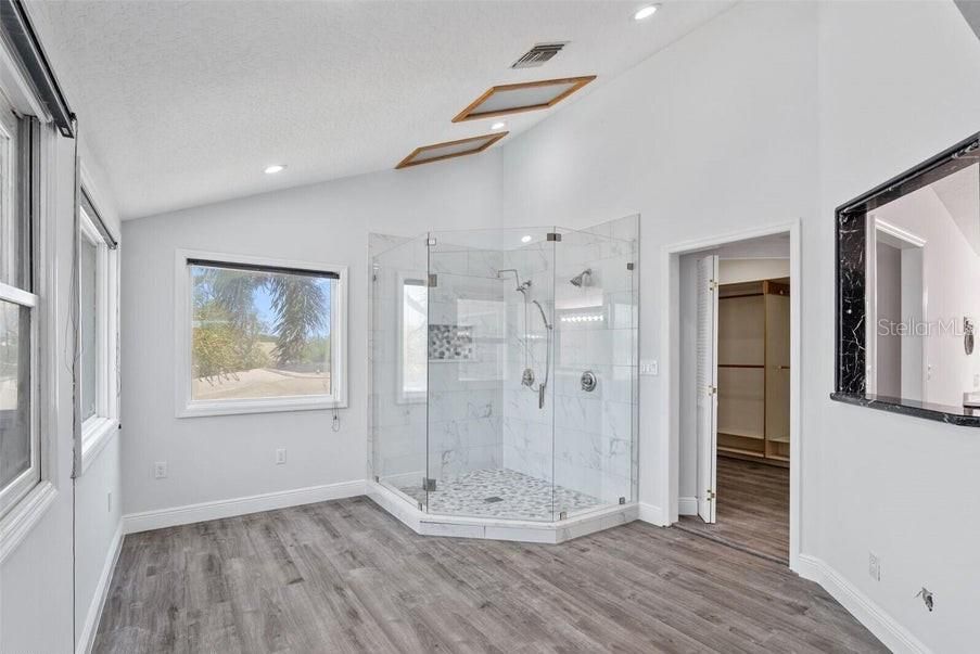 Bathroom, Glass Shower, Interior, Recessed Lighting, Wood Texture Flooring