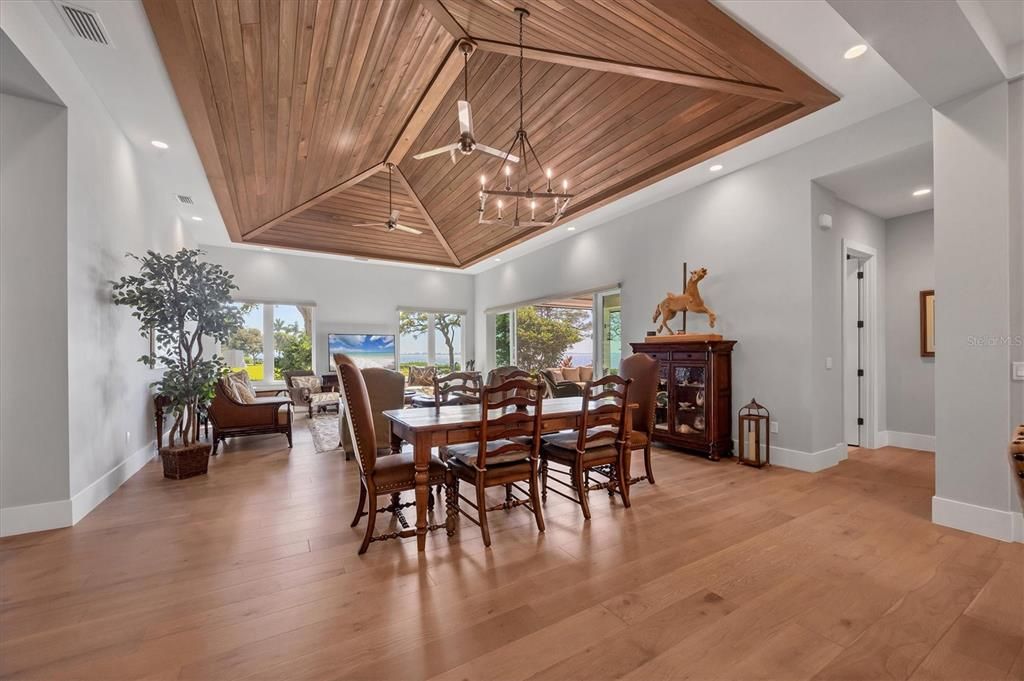 Dining room, Interior, Pendant Lights, Recessed Lighting, Wooden Ceilings, Wood Texture Flooring