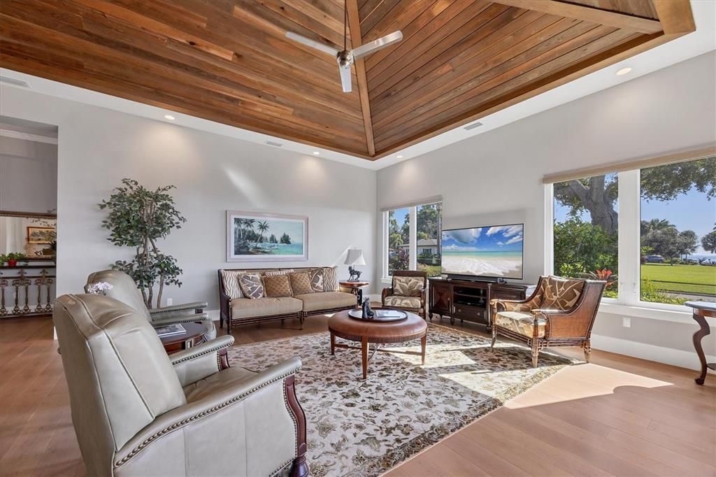 Fireplace, Interior, Living room, Recessed Lighting, Wooden Ceilings, Wood Texture Flooring