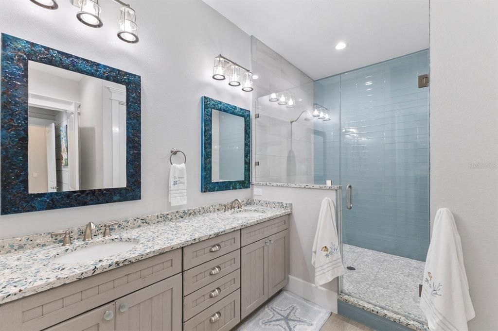 Bathroom, Dual Sink Vanities, Glass Shower, Interior, Recessed Lighting