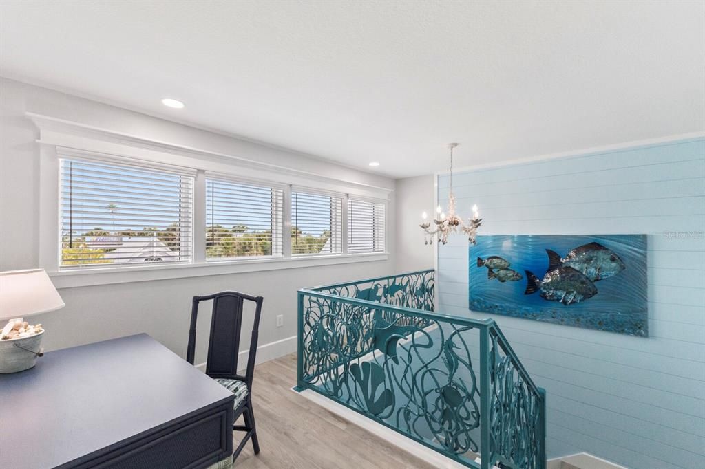 Chandelier, Home Office, Interior, Recessed Lighting, Wood Texture Flooring