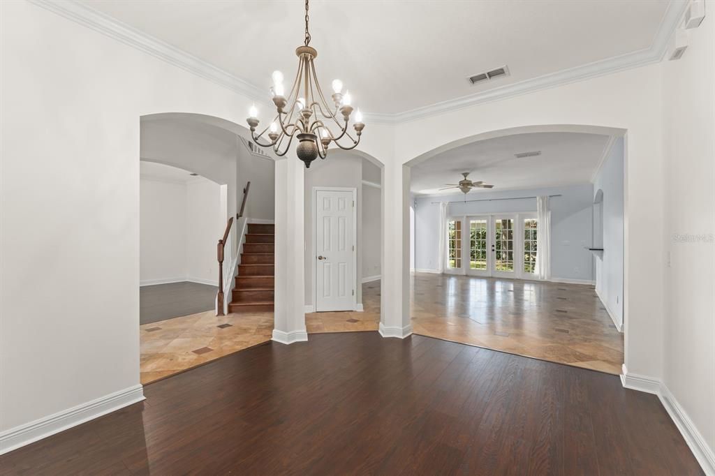 Chandelier, Empty room, Interior, Wood Texture Flooring