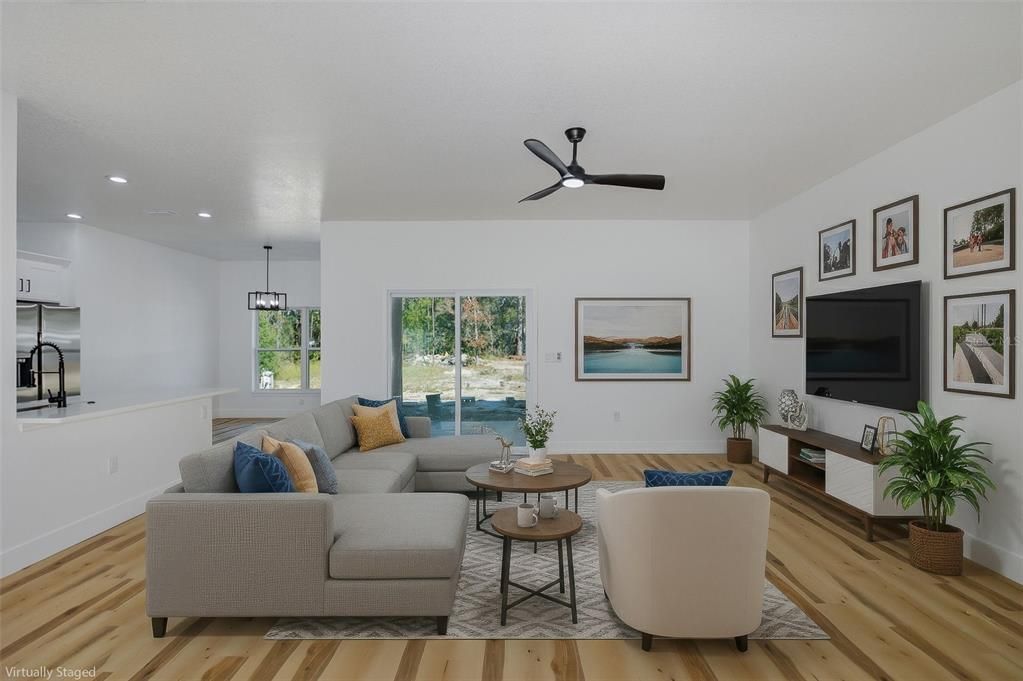 Interior, Living room, Pendant Lights, Recessed Lighting, Wood Texture Flooring