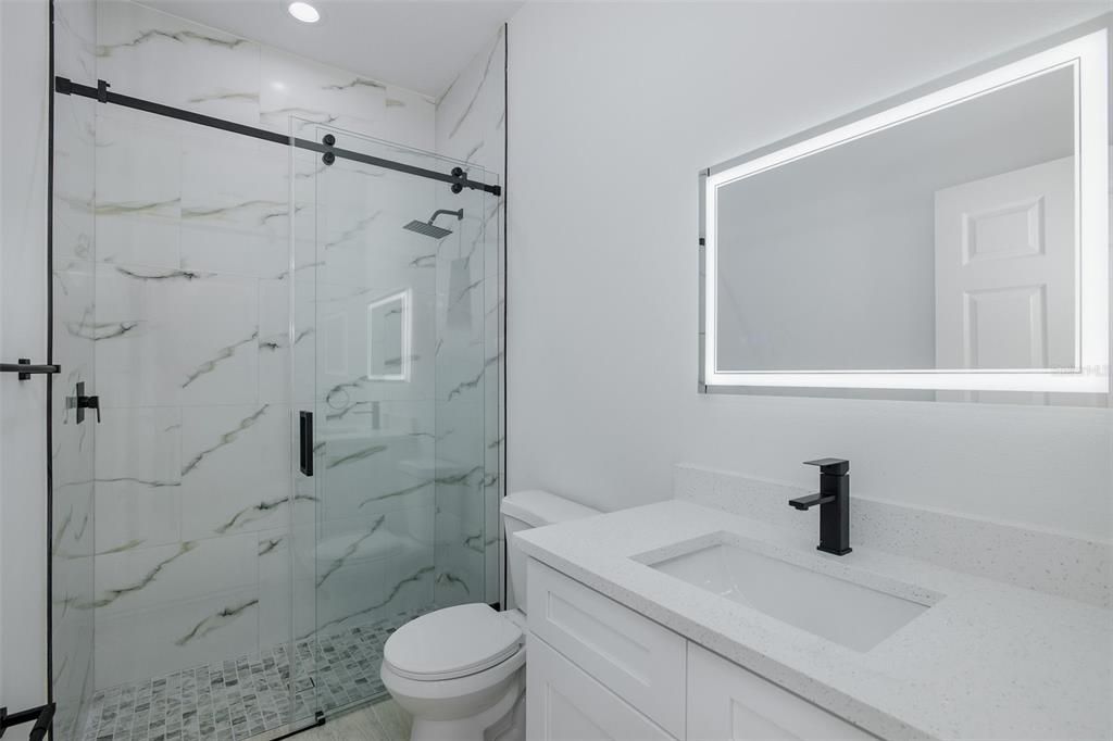 Bathroom, Glass Shower, Interior, Marble Walls, Recessed Lighting