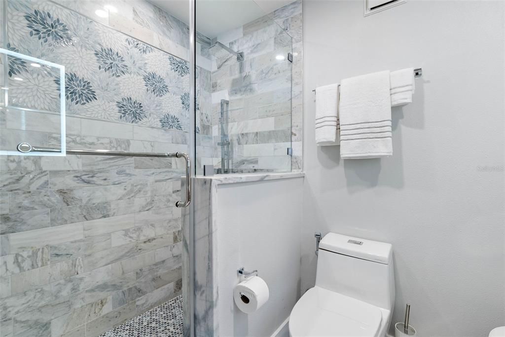 Bathroom, Glass Shower, Interior, Marble Walls