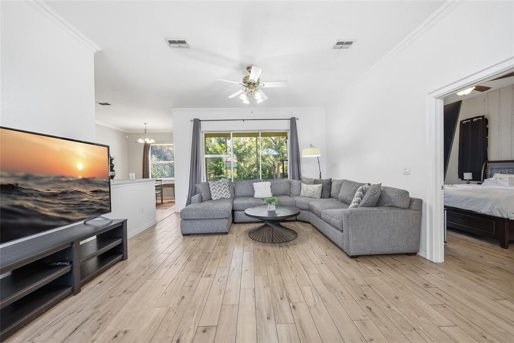 Bedroom, Chandelier, Interior, Living room, Pendant Lights, Wood Texture Flooring