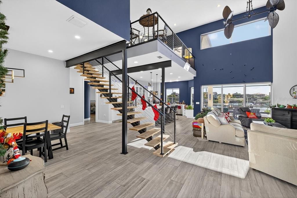 Dining room, Interior, Living room, Recessed Lighting, Wood Texture Flooring