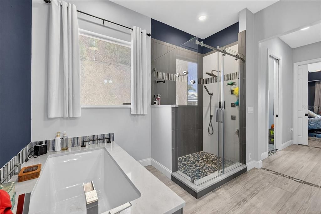 Bathroom, Glass Shower, Interior, Recessed Lighting, Wood Texture Flooring