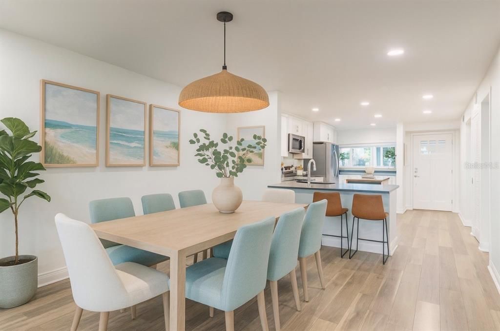 Dining room, Interior, Kitchen, Pendant Lights, Recessed Lighting, Stainless Steel Appliances, Wood Texture Flooring