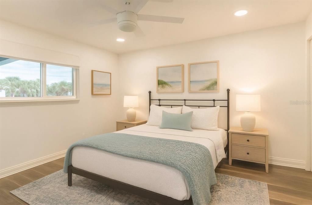 Bedroom, Interior, Recessed Lighting, Wood Texture Flooring