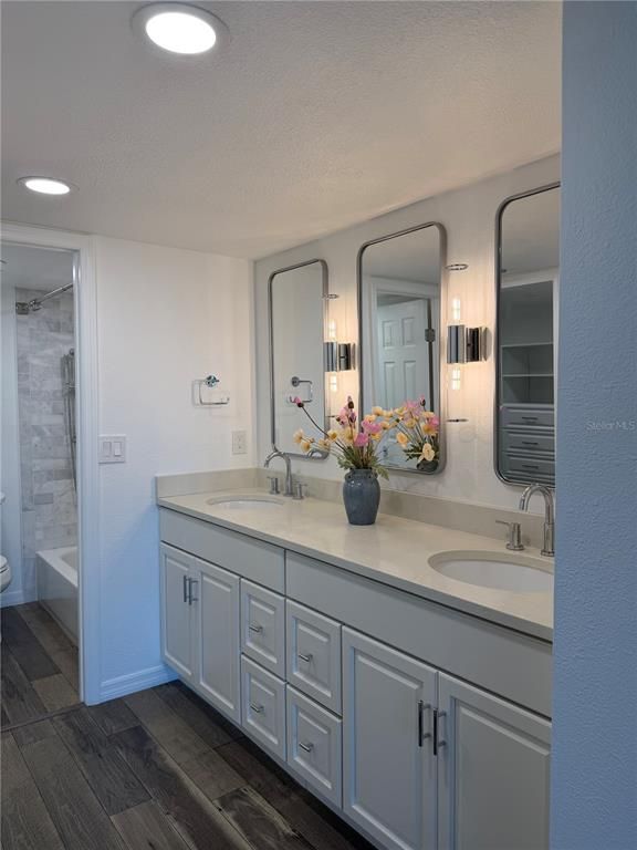 Bathroom, Dual Sink Vanities, Interior, Recessed Lighting, Wood Texture Flooring