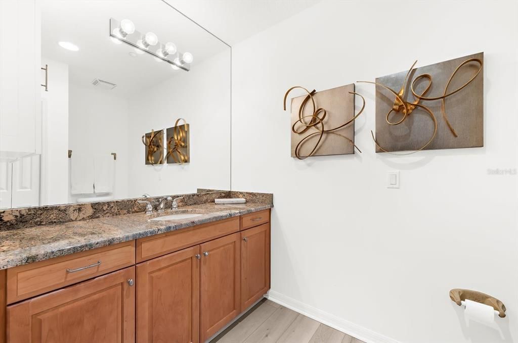 Bathroom, Dual Sink Vanities, Interior, Recessed Lighting, Wood Texture Flooring