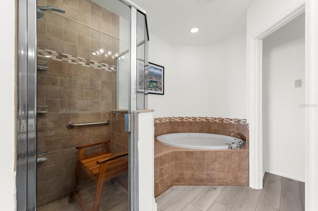 Bathroom, Glass Shower, Interior, Recessed Lighting, Wood Texture Flooring