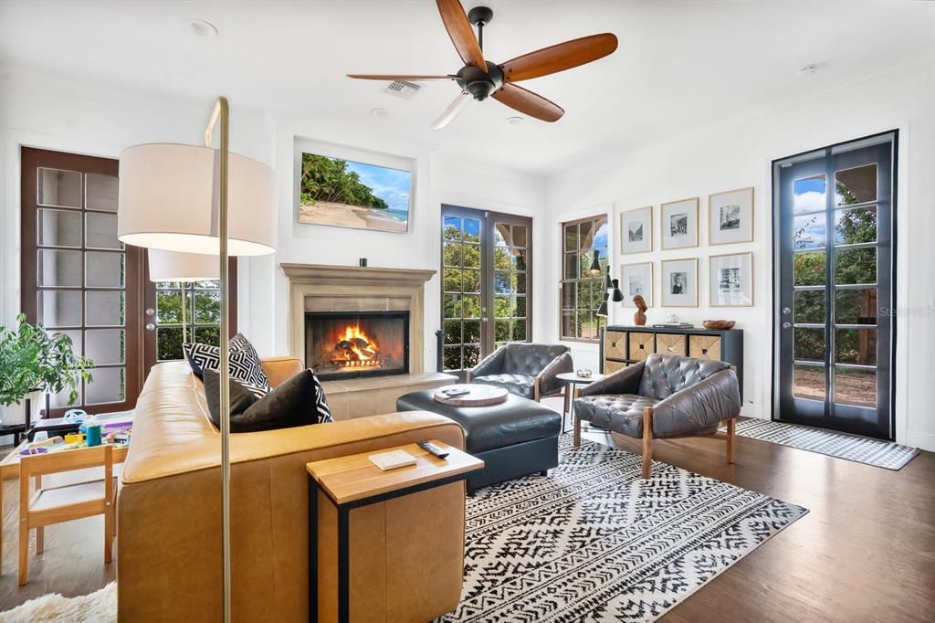 Fireplace, Interior, Living room, Pendant Lights, Wood Texture Flooring