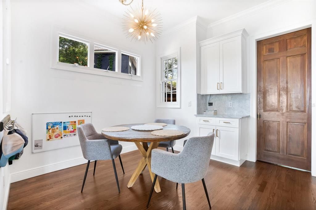 Dining room, Interior, Pendant Lights, Wood Texture Flooring