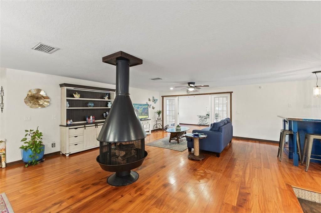 Fireplace, Interior, Living room, Pendant Lights, Wood Texture Flooring