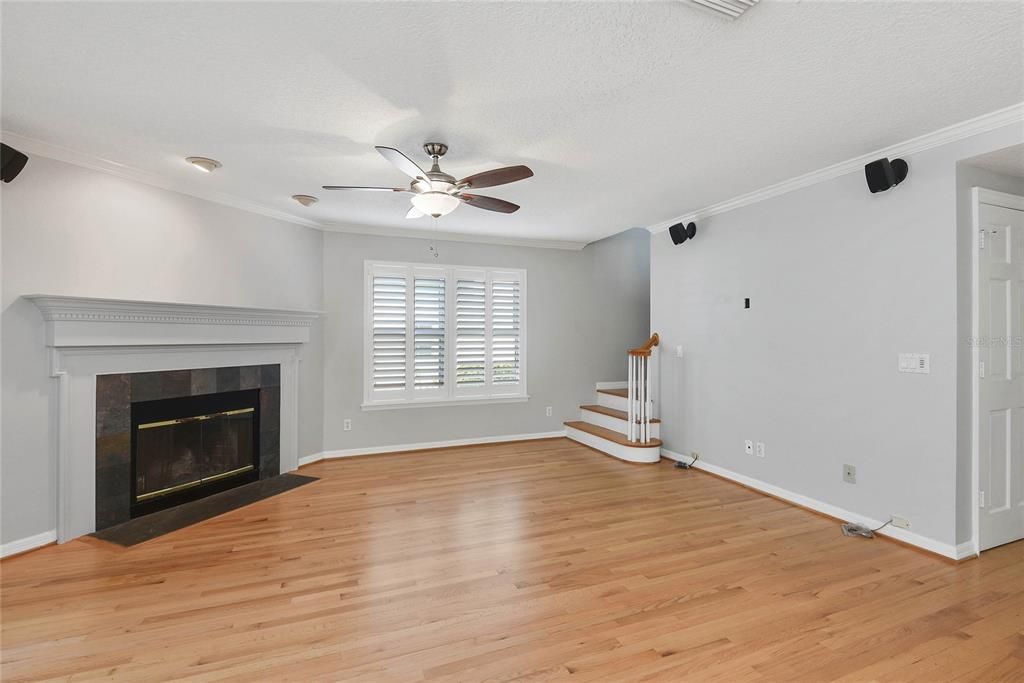Empty room, Fireplace, Interior, Recessed Lighting, Wood Texture Flooring