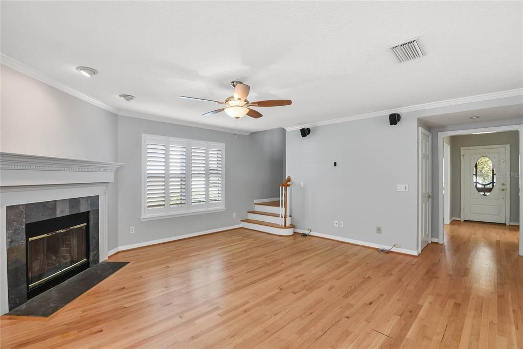 Empty room, Fireplace, Interior, Recessed Lighting, Wood Texture Flooring