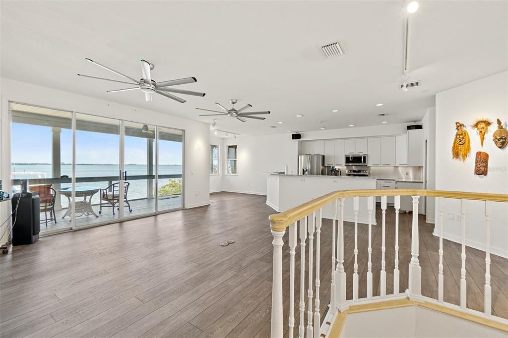 Interior, Kitchen, Recessed Lighting, Stainless Steel Appliances, Water, Wood Texture Flooring