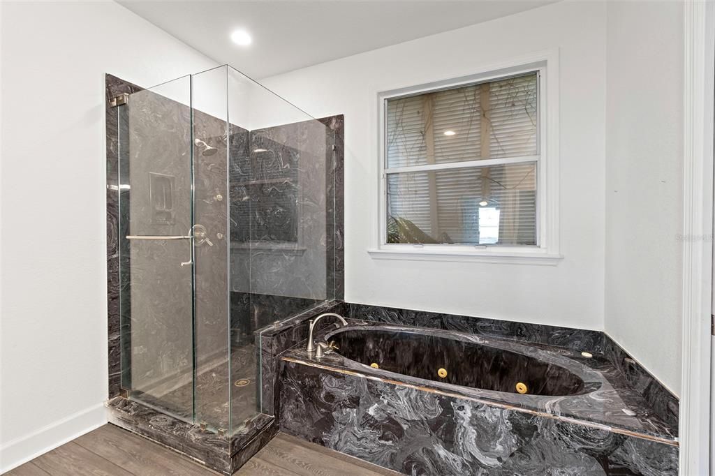 Bathroom, Glass Shower, Interior, Recessed Lighting, Wood Texture Flooring