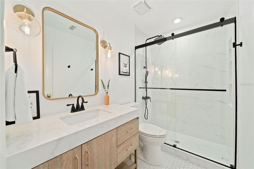 Bathroom, Glass Shower, Interior, Marble Walls, Recessed Lighting