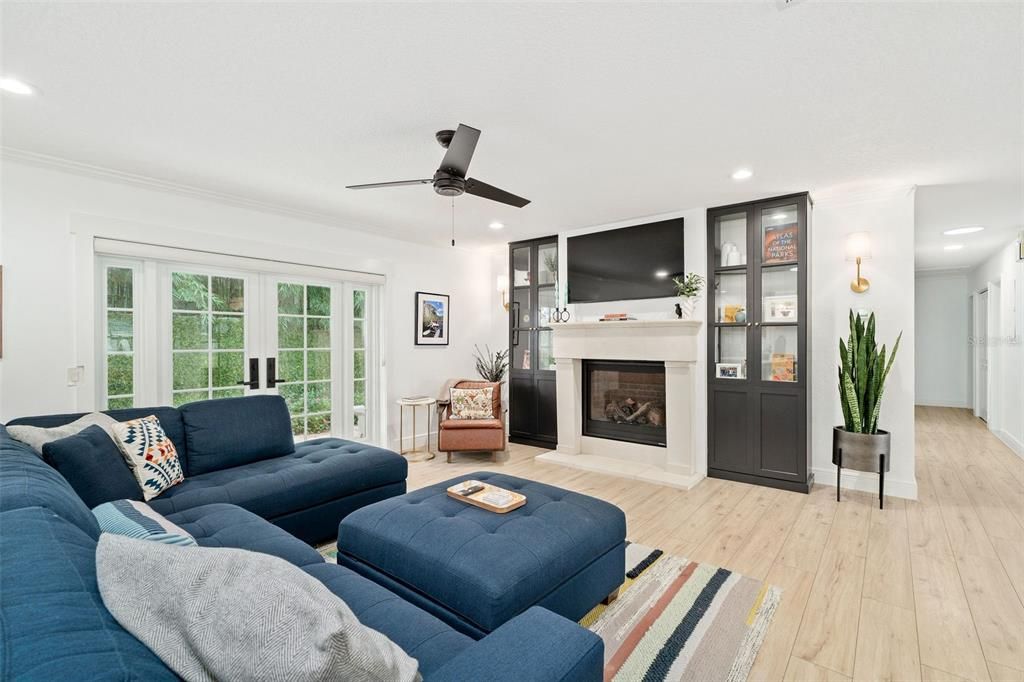 Fireplace, Interior, Living room, Recessed Lighting, Wood Texture Flooring