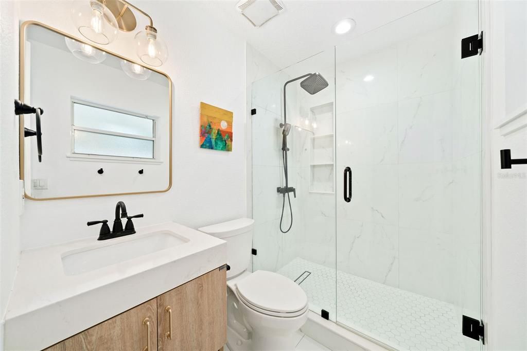 Bathroom, Glass Shower, Interior, Marble Walls, Recessed Lighting