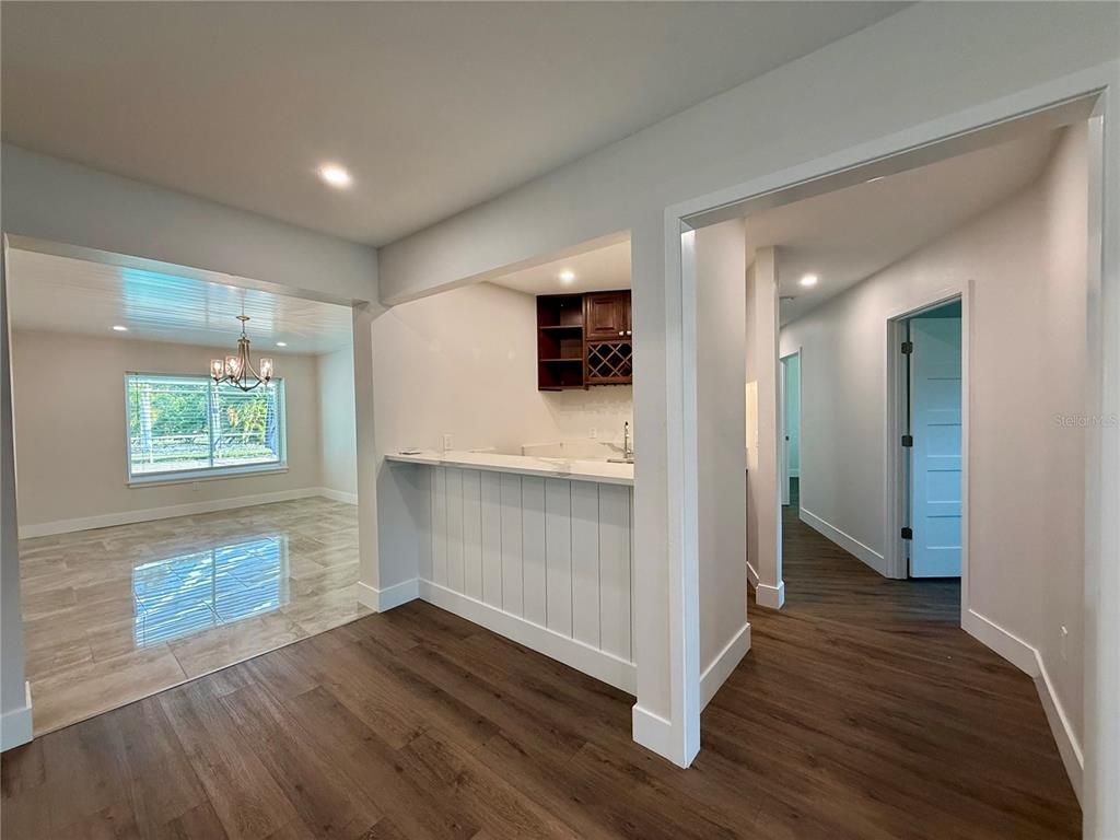 Chandelier, Empty room, Interior, Recessed Lighting, Wood Texture Flooring