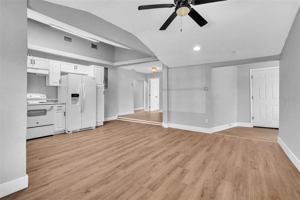 Empty room, Interior, Kitchen, Recessed Lighting, Wood Texture Flooring