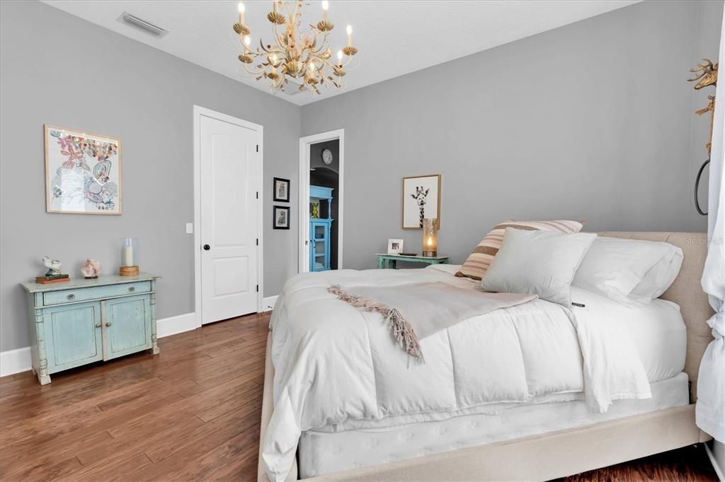 Bedroom, Chandelier, Interior, Wood Texture Flooring