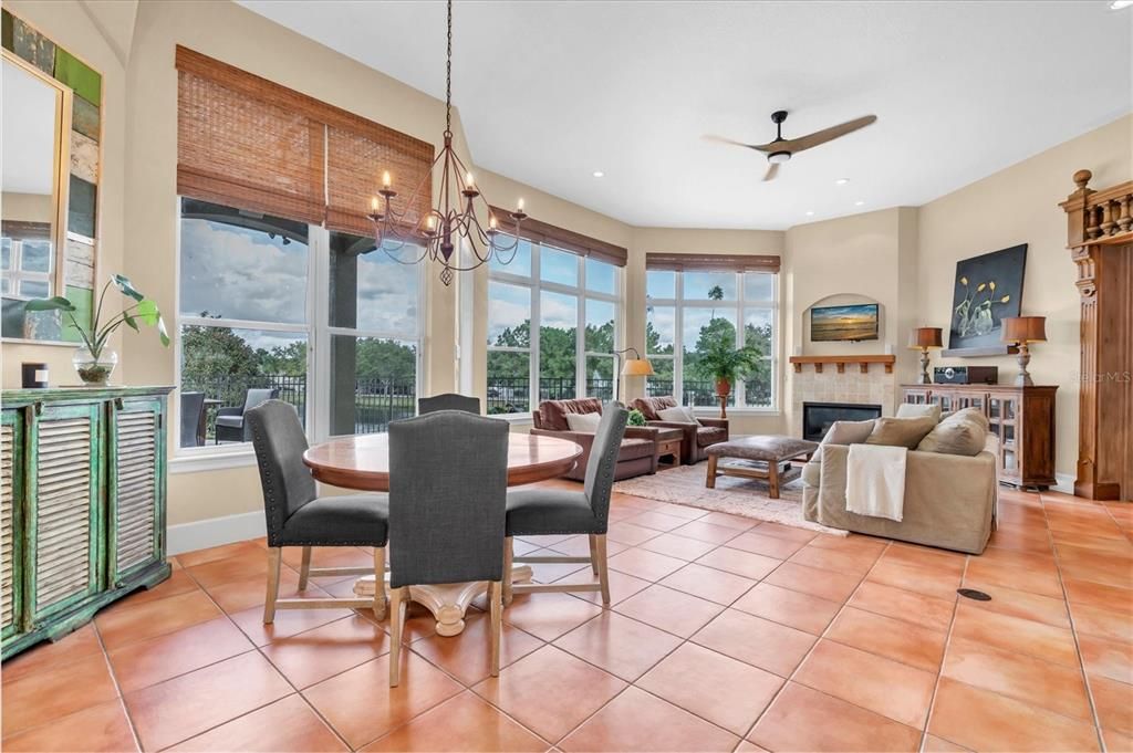 Chandelier, Dining room, Fireplace, Interior, Living room, Recessed Lighting