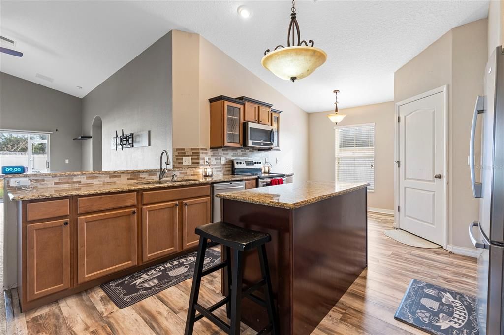 Interior, Kitchen, Pendant Lights, Recessed Lighting, Wood Texture Flooring