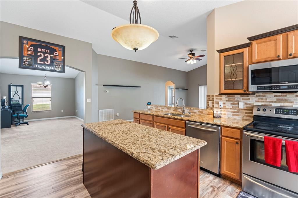 Chandelier, Interior, Kitchen, Pendant Lights, Stainless Steel Appliances, Wood Texture Flooring