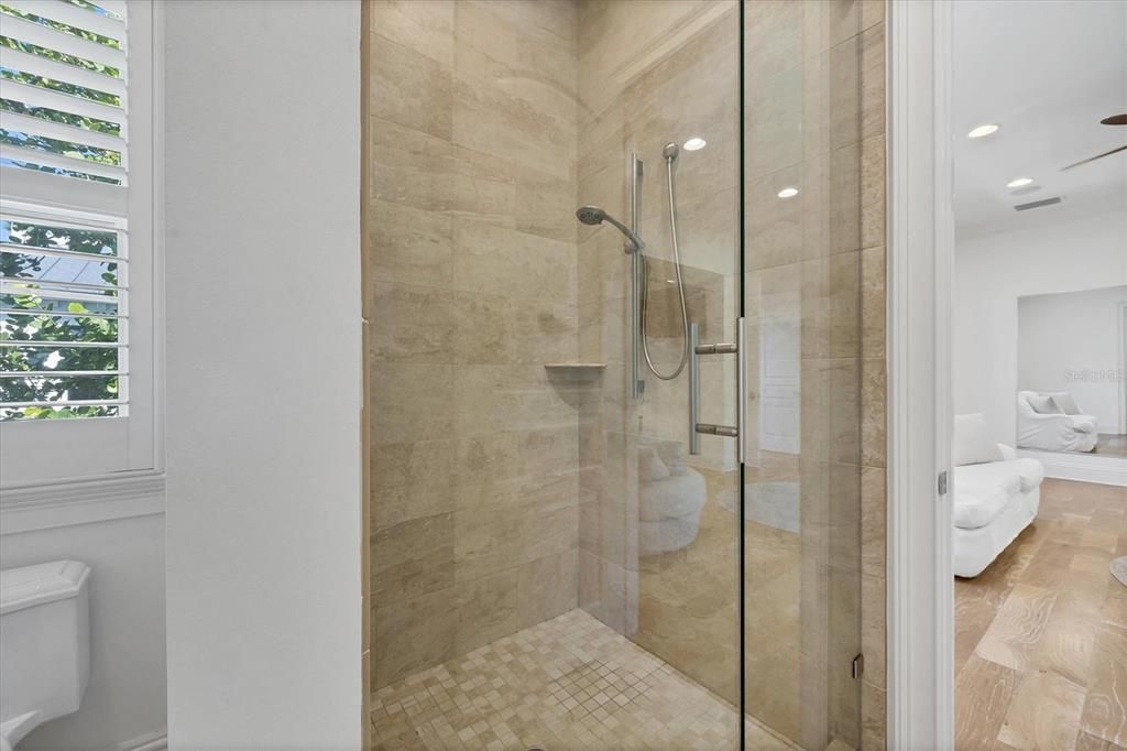 Bathroom, Glass Shower, Interior, Recessed Lighting, Wood Texture Flooring