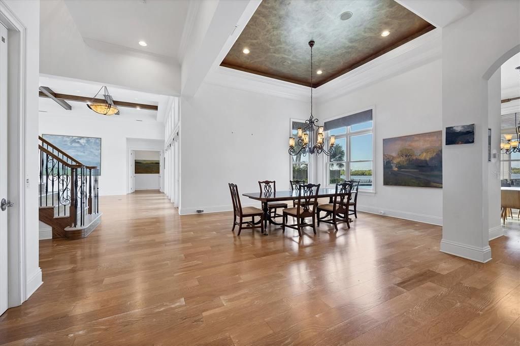 Chandelier, Dining room, Interior, Pendant Lights, Recessed Lighting, Wood Texture Flooring