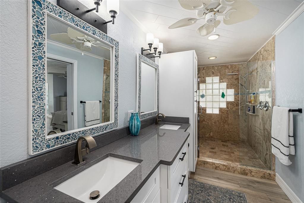 Bathroom, Dual Sink Vanities, Glass Shower, Interior, Wood Texture Flooring