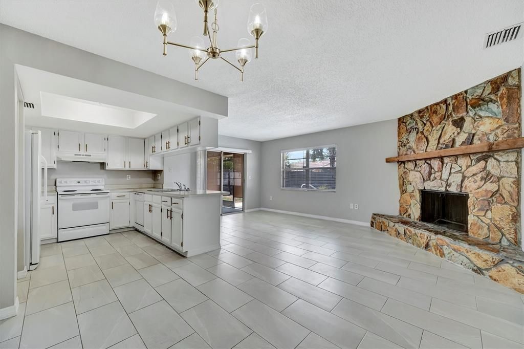 Chandelier, Fireplace, Interior, Kitchen